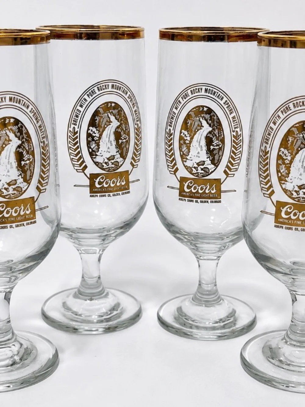 *Vintage 1970s Coors Beer Stemmed Pilsner Glasses - Gold Rim  Set of 4 - Unused